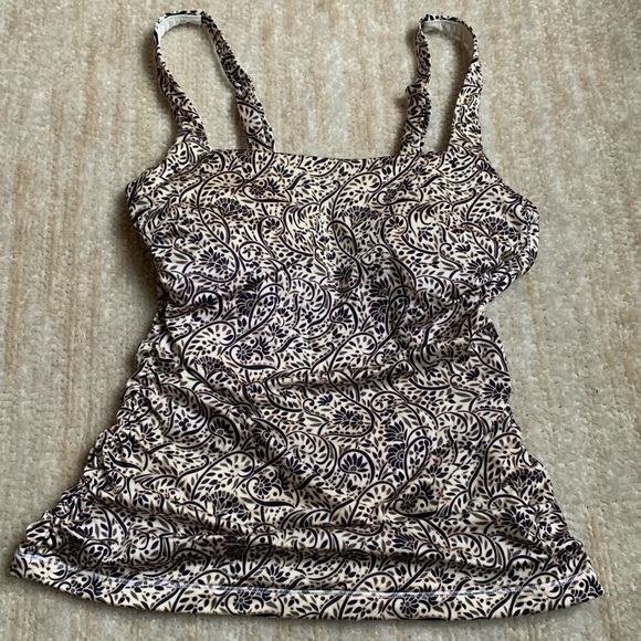 Athleta Paisley Print Ruched Tankini 34B/C Tan Cream Swimwear Top Vacation - Picture 2 of 11